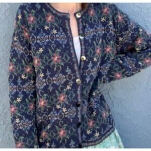 Talbots Silk Blend Cardigan Womens XL Navy Floral Button Up Grandma Cottagecore